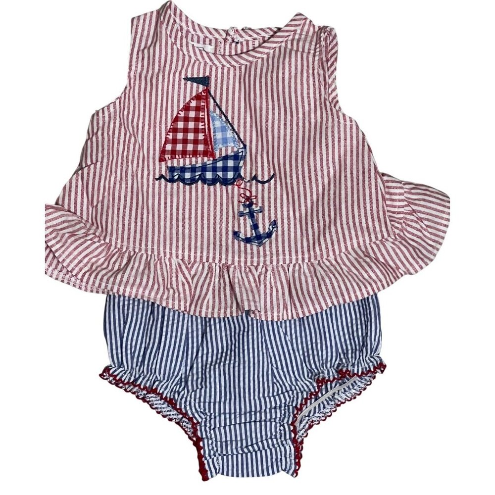 Mud Pie 3-6m NWT Pinafore bloomers sailboat anchor nautical seersucker USA boat